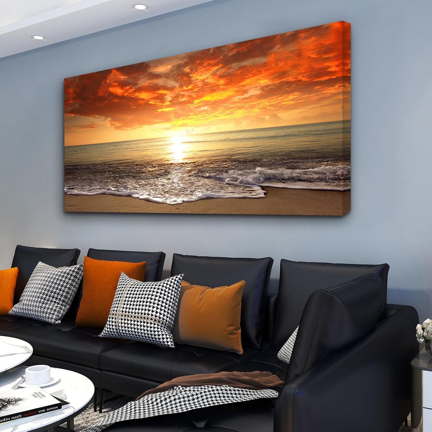 Baisuart S02250 Canvas Prints Wall Art Beach Sunset Ocean Waves Nature Pictures Stretched Canvas Wooden Framed for living Room Bedroom and Office