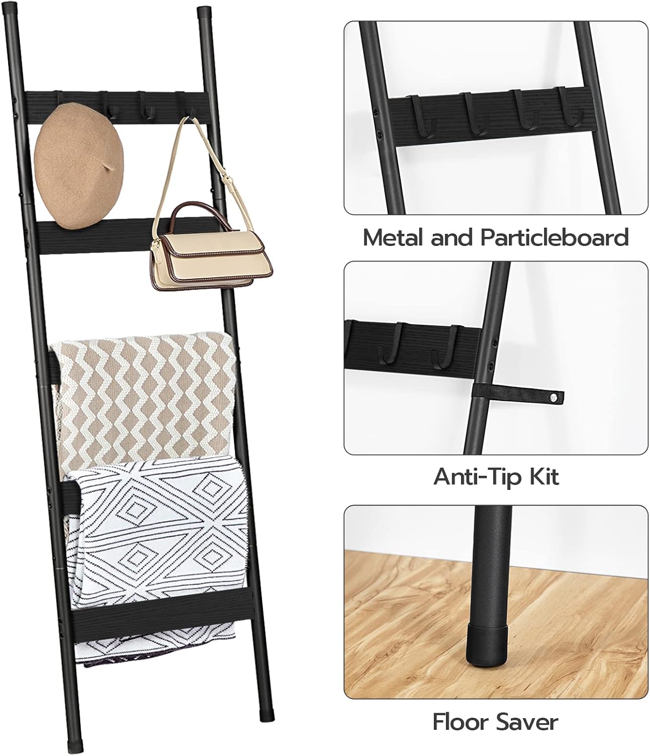 HOOBRO Blanket Ladder, 5-Tier Towel Rack with Hooks, Wall-Leaning Blanket Rack, Decorative Display Ladder Shelf, for Scarves, Industrial, Living Room, Bedroom, Rustic Brown and Black BF52CJ01