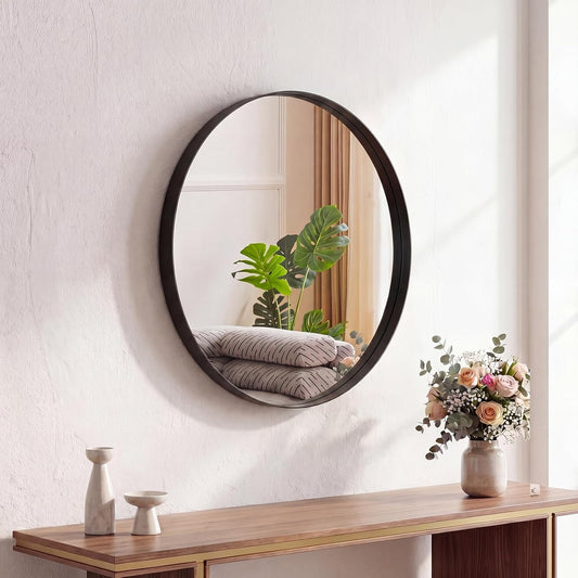 NEWBULIG 36 Inch Round Wall Mirror, Bathroom Mirror for Over Sink, Matte Metal Framed Circle Vanity Mirror, Wall Decor for Bedroom, Entryway, Anti-Rust, Tempered Glass, Hanging or Leaning, Black
