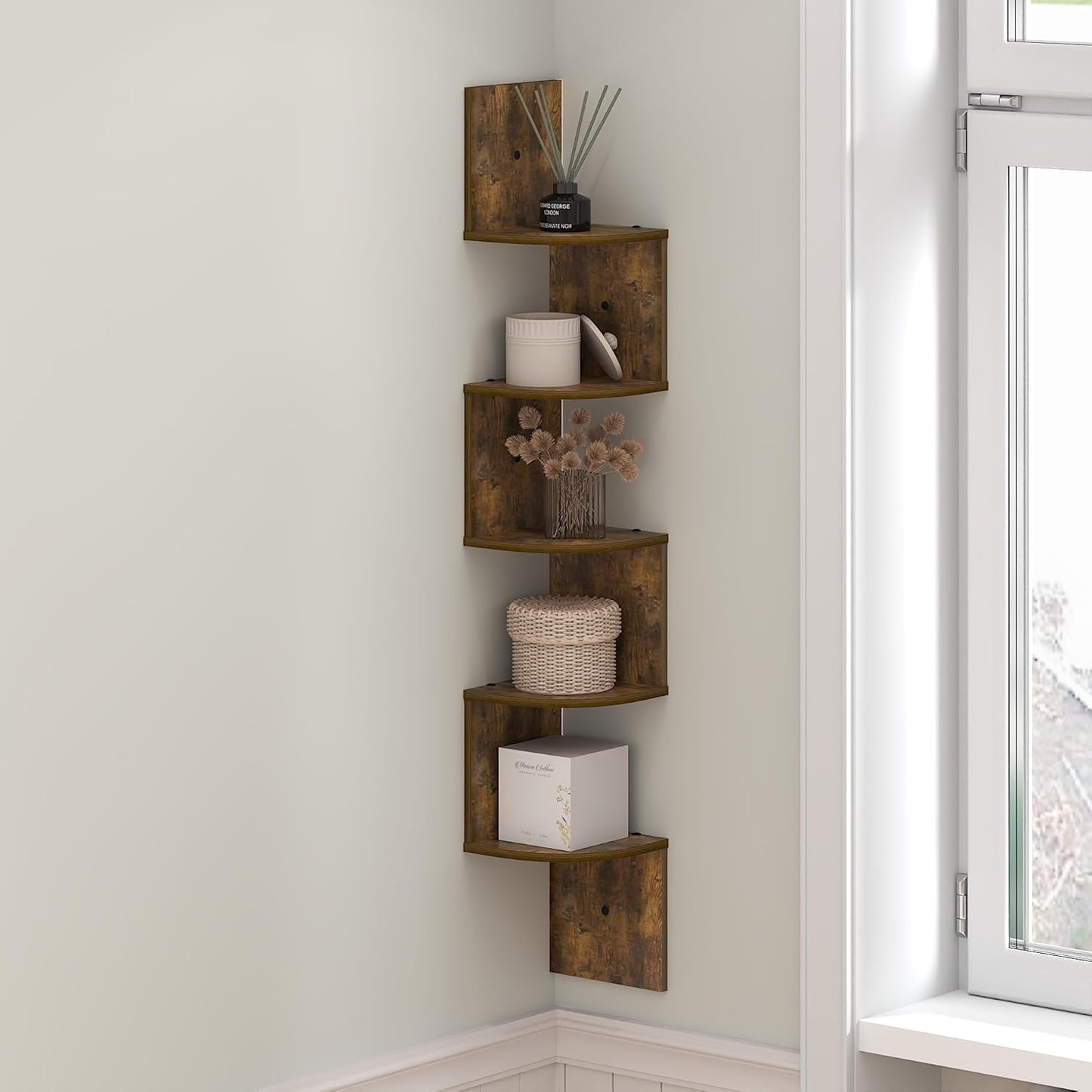 Furinno Rossi 5-Tier Wall Mount Floating Radial Corner Shelf, White