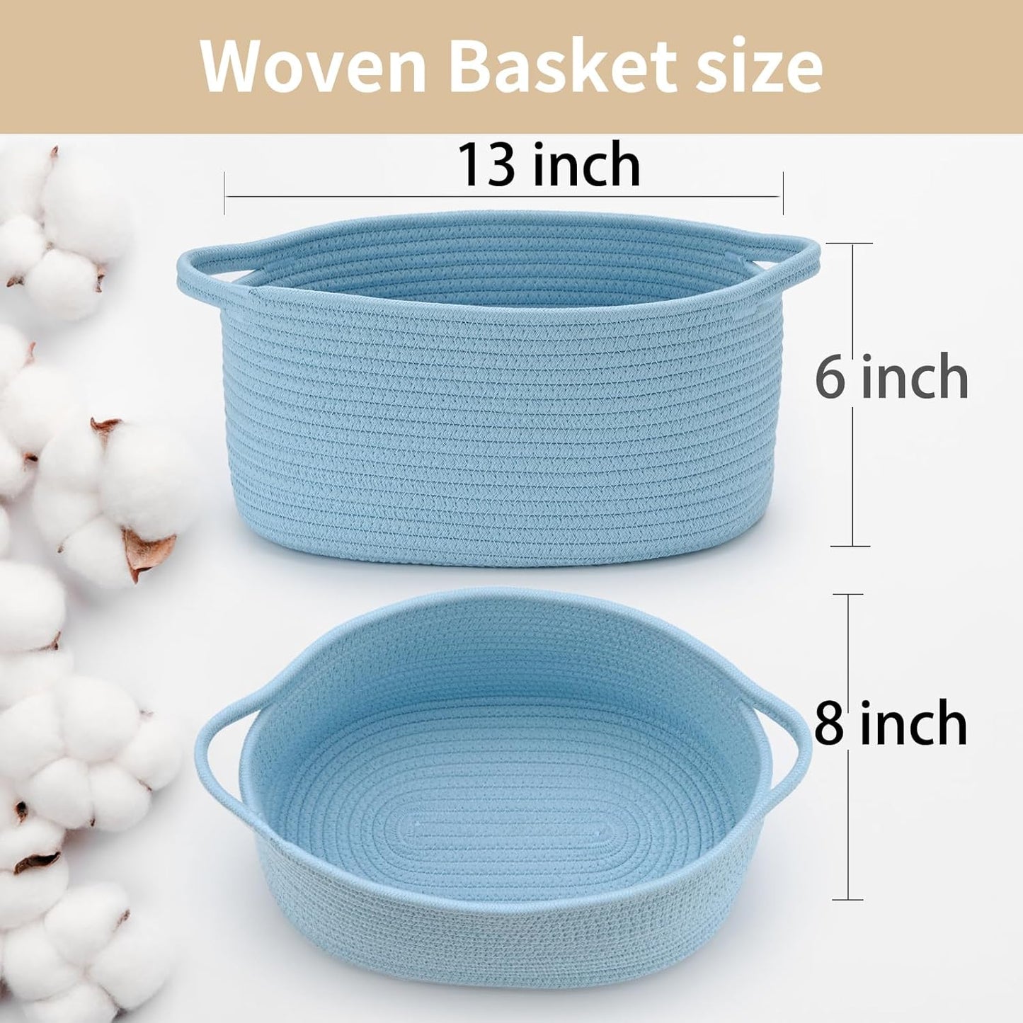 Happyiren Medium Woven Cotton Rope Basket with Handle Empty Decorative Gift Basket for Baby Shower, Graduation, Mother's Day, Nursery Storage 13" Dia x 8" W x 6" H