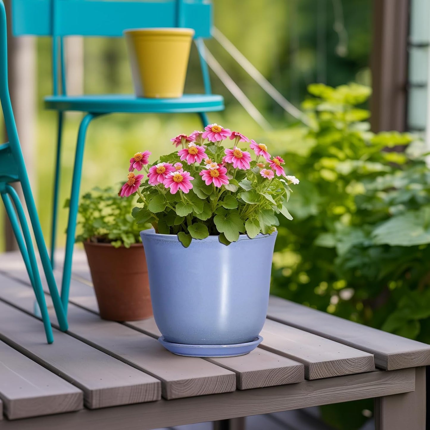 Ceramic Plant Pots - 12 Inch Pots for Plants Indoor Outdoor, Large Round Planter with Drainage Hole and Saucer, Modern Decorative Flower Pot, Home Garden Decor, House Warming Gifts, Blue