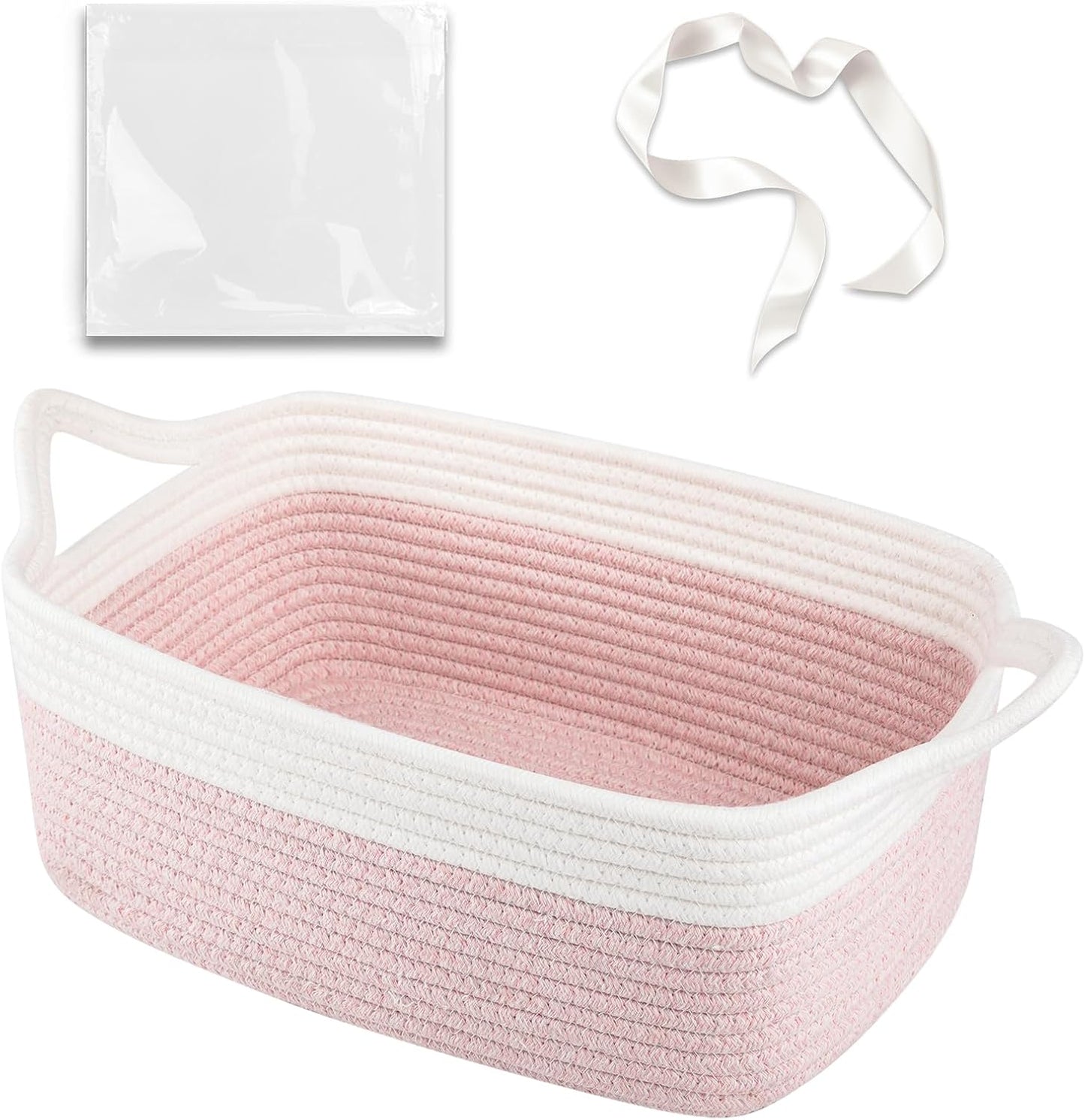 OIAHOMY Woven Basket, Gift Basket Empty with Gift Bags and Ribbons, Rope Baskets for Baby Showers, Storage Baskets with Handles for Nursery, Pet Toy Organizer - White