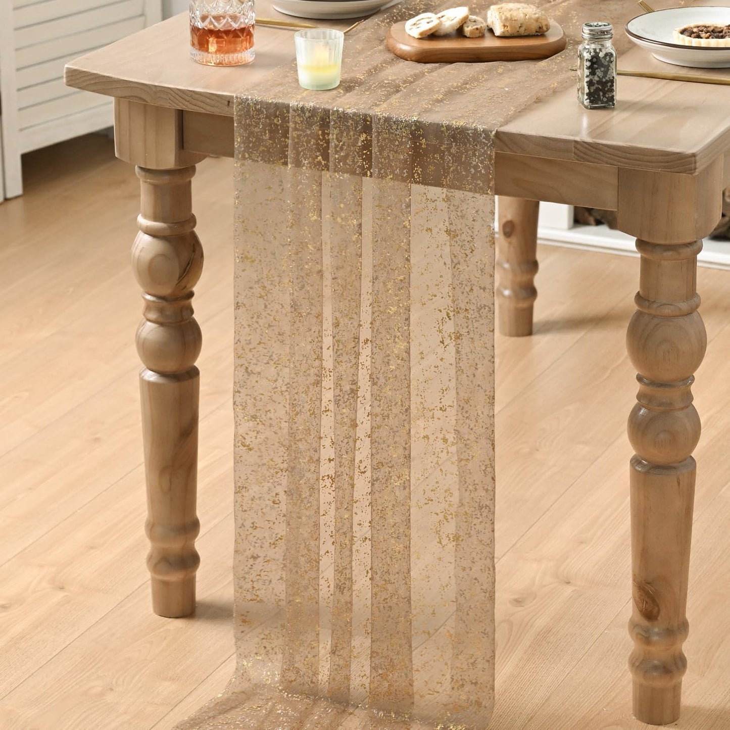 Artoid Mode Beige Gold Gauze Table Runner 120 Inch 10FT, Glitter Metallic Foil Sheer Dining Wedding Anniversary Holiday Birthday Table Decor for Home Party