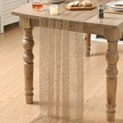 Artoid Mode Beige Gold Gauze Table Runner 120 Inch 10FT, Glitter Metallic Foil Sheer Dining Wedding Anniversary Holiday Birthday Table Decor for Home Party