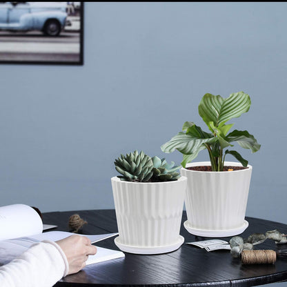 sietpoek Plant Pots - 5.5 Inch Cylinder Ceramic Planters with Connected Saucer, Pots for Succuelnt and Little Snake Plants, Set of 4, White