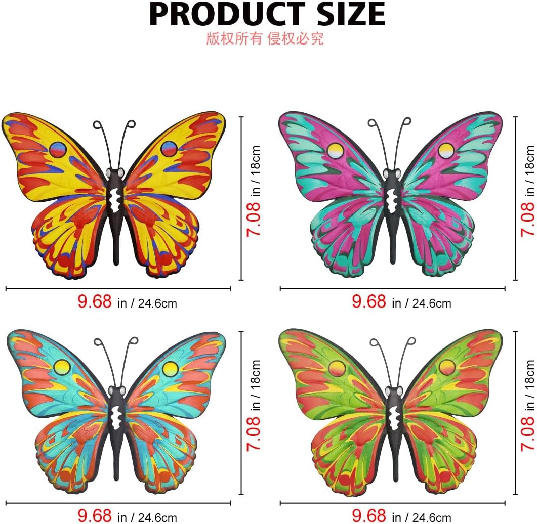 Metal Butterfly Wall Decor - 9.6" Outdoor Fence Wall Art Decor, Hanging Decoration for Garden Yard Living Room Bedroom Patio Balcony(4 Pack)
