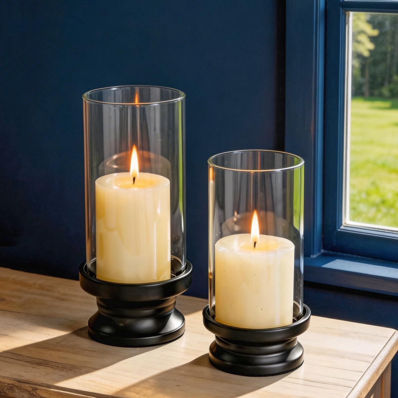 NUPTIO Hurricane Candle Holder Gold: Pillar Candle Holders with Clear Glass Sleeve - Set of 2 Decorative Brass Metal Pillars Stand for Dining Table Centerpiece Shelf Fireplace Mantel Decor