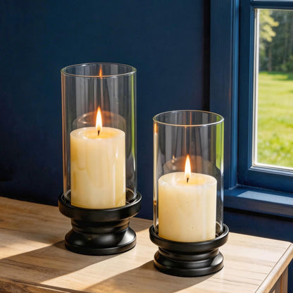 NUPTIO Hurricane Candle Holder Gold: Pillar Candle Holders with Clear Glass Sleeve - Set of 2 Decorative Brass Metal Pillars Stand for Dining Table Centerpiece Shelf Fireplace Mantel Decor