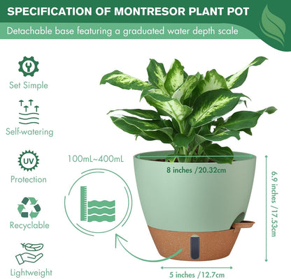 montresor 12/10/8 Inch Self Watering Pots for Indoor Plants Plastic Large Plant Pots for Outdoor Plants, Water Level Window & Spacious Reservoir Flower Pots Decorative Planter with Drainage and Tray
