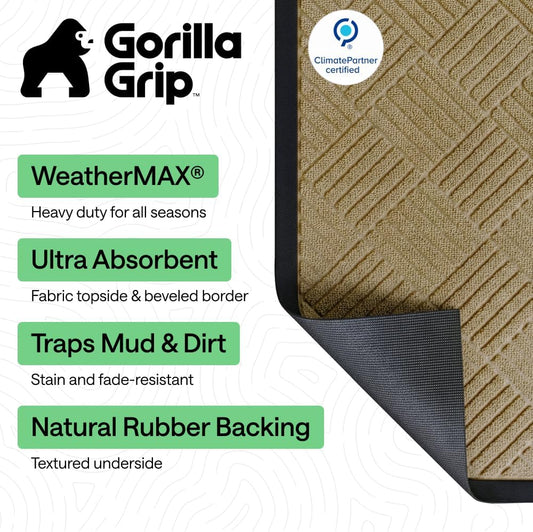 GORILLA GRIP 100% Waterproof All-Season WeatherMAX Doormat US Designed Natural Rubber, Stain Fade Resistant, Low Profile Indoor Outdoor Front Door Mats Outside Entrance, Easy Clean 29x17 Gray Diamond - Colors B
