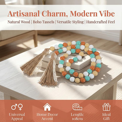 Wood Beads Garland with Tassels, 42.4in Farmhouse Rustic Style Colorful Wood Beads String, Large Antique Wooden Prayer, Boho Home Festival Decor Garland Rosary Rope