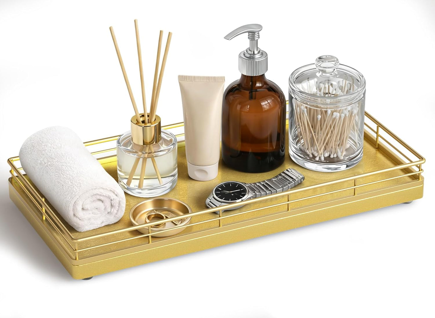 Bathroom Vanity Tray for Countertop, 12" x 6" Acacia Wood Toilet Tank Tray with Metal Guardrail, Bathroom Organizer for Soap, Perfume & Skincare, Non-Slip Decorative Tray for Dresser, Black & Acacia