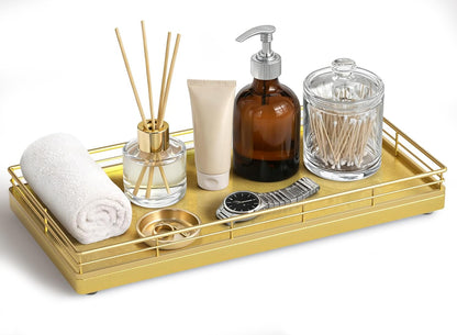 Bathroom Vanity Tray for Countertop, 12" x 6" Acacia Wood Toilet Tank Tray with Metal Guardrail, Bathroom Organizer for Soap, Perfume & Skincare, Non-Slip Decorative Tray for Dresser, Black & Acacia