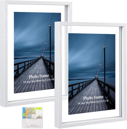 MUYE 11x14 Floating Frame Set of 2,Double Glass Rustic Frame,Display Any Size Photo up to 11x14,Wall Mount or Tabletop Standing,Natural