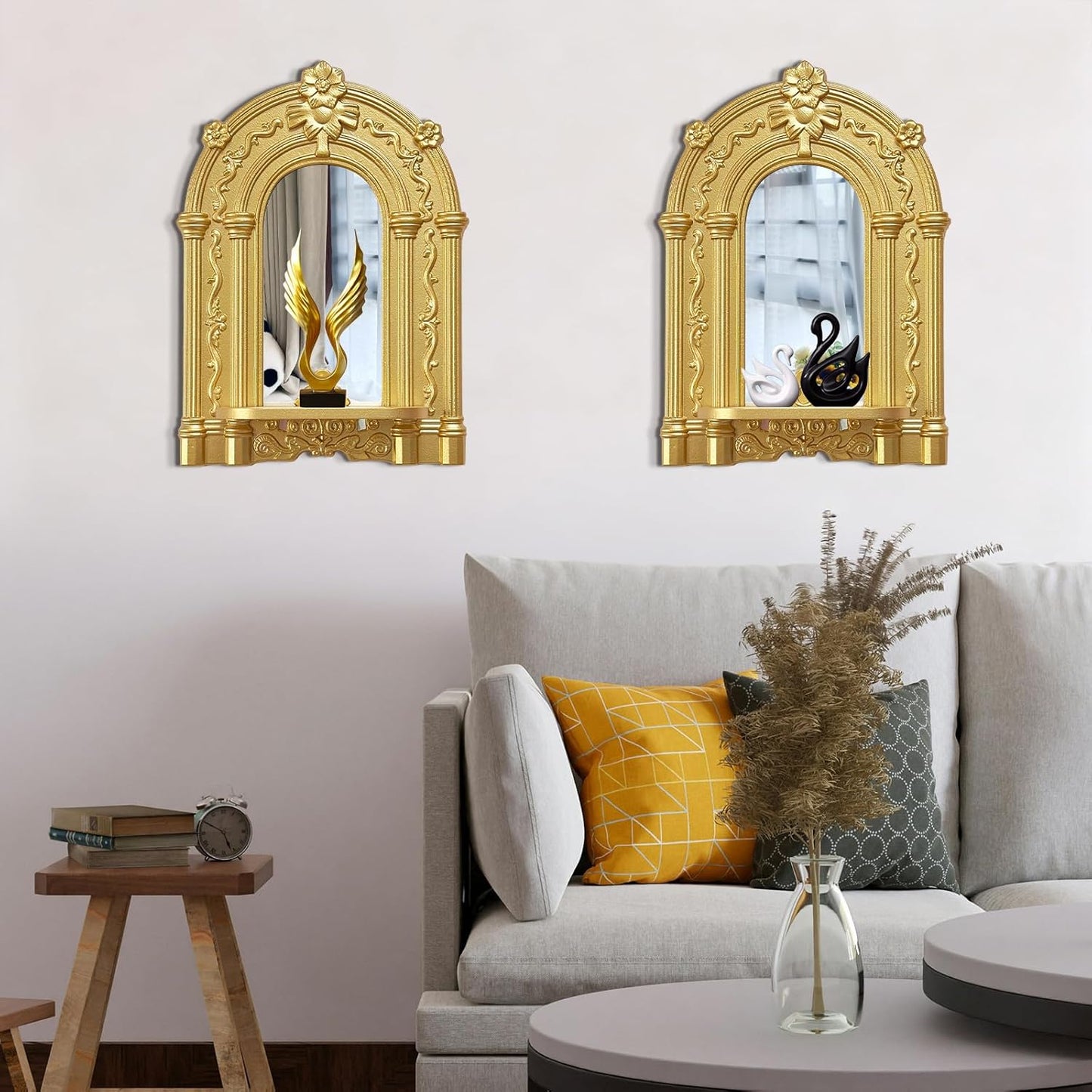 Three-Dimensional Relief Candle Sconces Set 2 Rustic Wall Mount Candle Holders Wood Hanging Wall Decor Mirrored Wall Art Hand Carved Home Decoration Gold