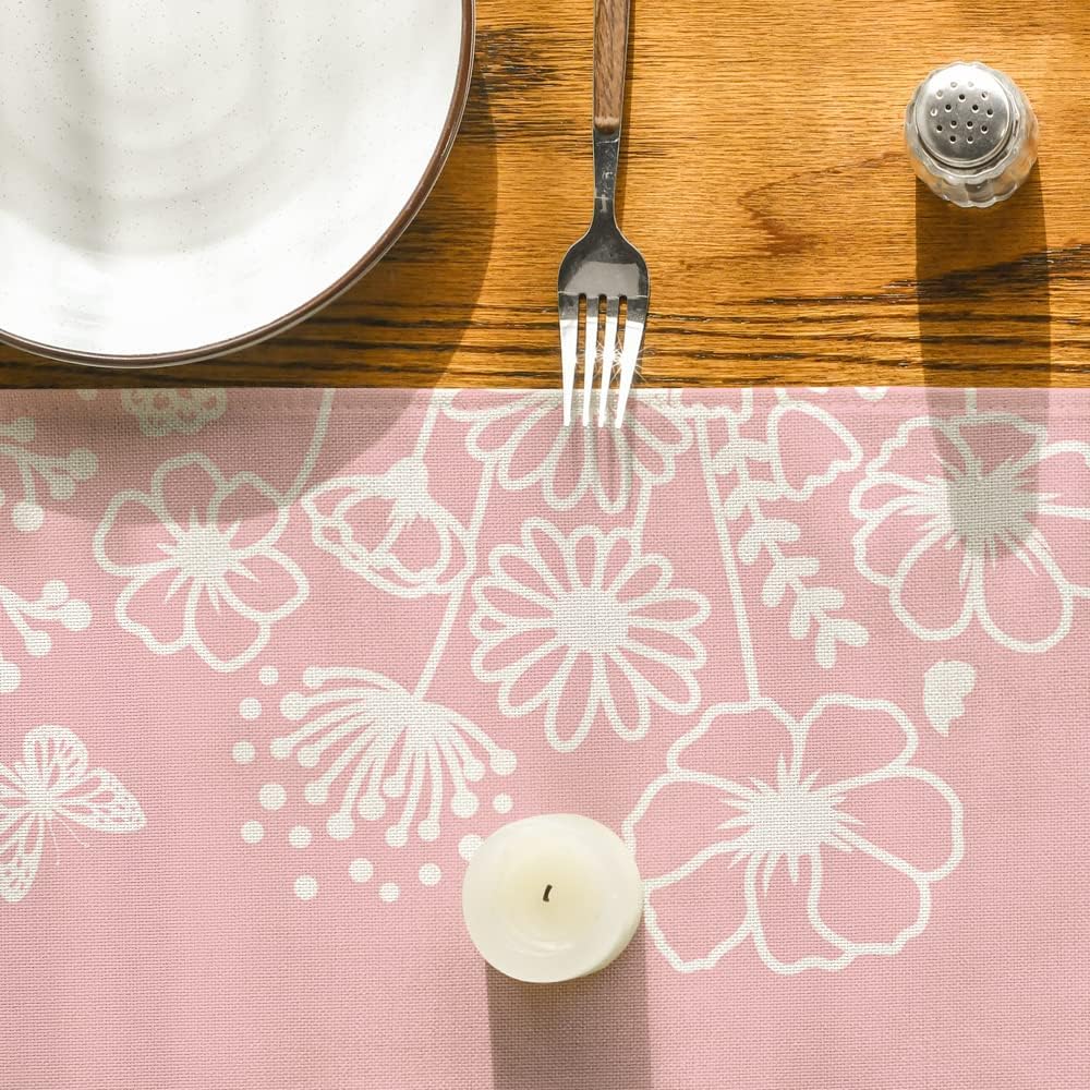Artoid Mode Pink Bloom Flowers Butterfly Spring Table Runner, Seasonal Holiday Kitchen Dining Table Decoration for Home Party Indoor 13x72 Inch