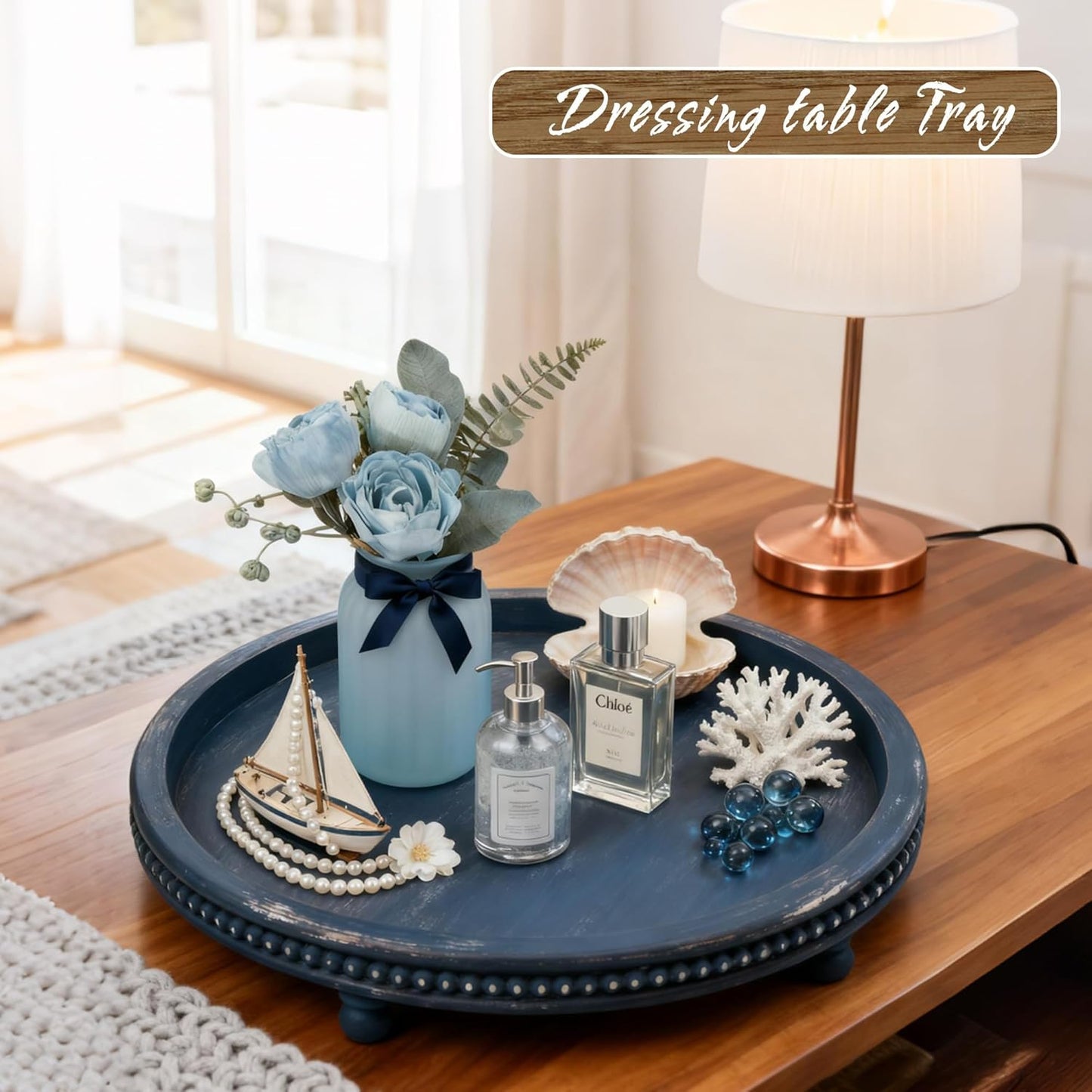 KULEDM Handmade Wooden Decorative Tray, Small Beaded Coffee Table Tray Decor, Sage Round Serving Tray for Coffee Table, Dining Room Table Entryway and Living Room Table