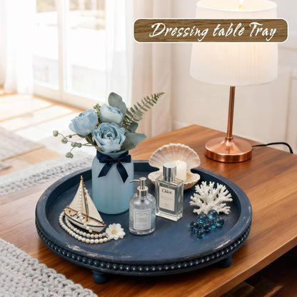 KULEDM Handmade Wooden Decorative Tray, Small Beaded Coffee Table Tray Decor, Sage Round Serving Tray for Coffee Table, Dining Room Table Entryway and Living Room Table