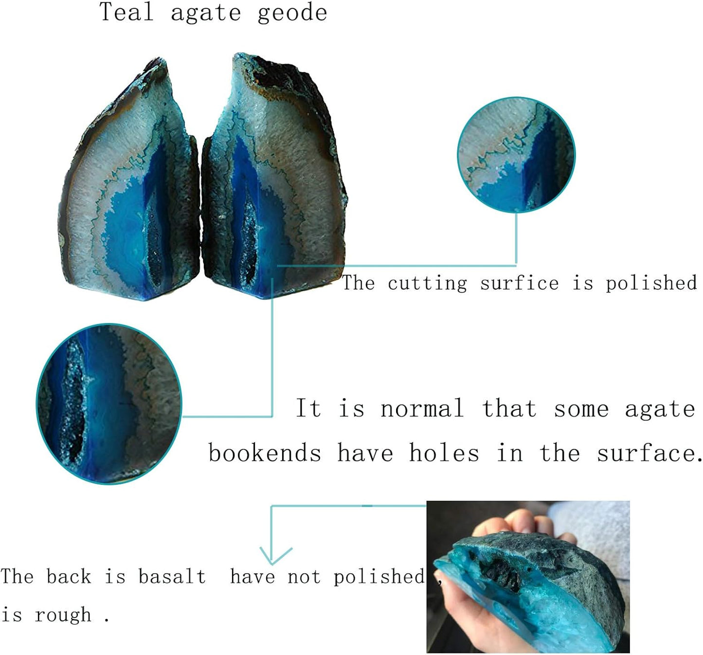 JIC Gem Dyed Blue Agate Bookends Geode Decorative Book Ends for Heavy Books with Rubber Bumpers for Office and Home Decoration Polished Small Size 2 to 3 Lbs