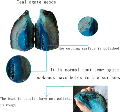 JIC Gem Dyed Blue Agate Bookends Geode Decorative Book Ends for Heavy Books with Rubber Bumpers for Office and Home Decoration Polished Small Size 2 to 3 Lbs