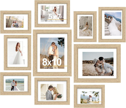Povrgive Picture Frames, Made of Real Glass and Wooden Frame, Gallery Photo Frames Set of 10 for Collage Wall Decor, Multi Sizes Including 8x10, 5x7, 4x6 for Mounting or Tabletop Display, Wood