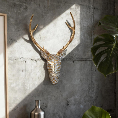 GIGICICI Mosaic Deer Head Wall Decor 15.7x8.7 Inch, Artistic Faux Resin Animal Head Wall Sculpture Hanging for Living Room Bedroom Kitchen Office, Black-White Gift