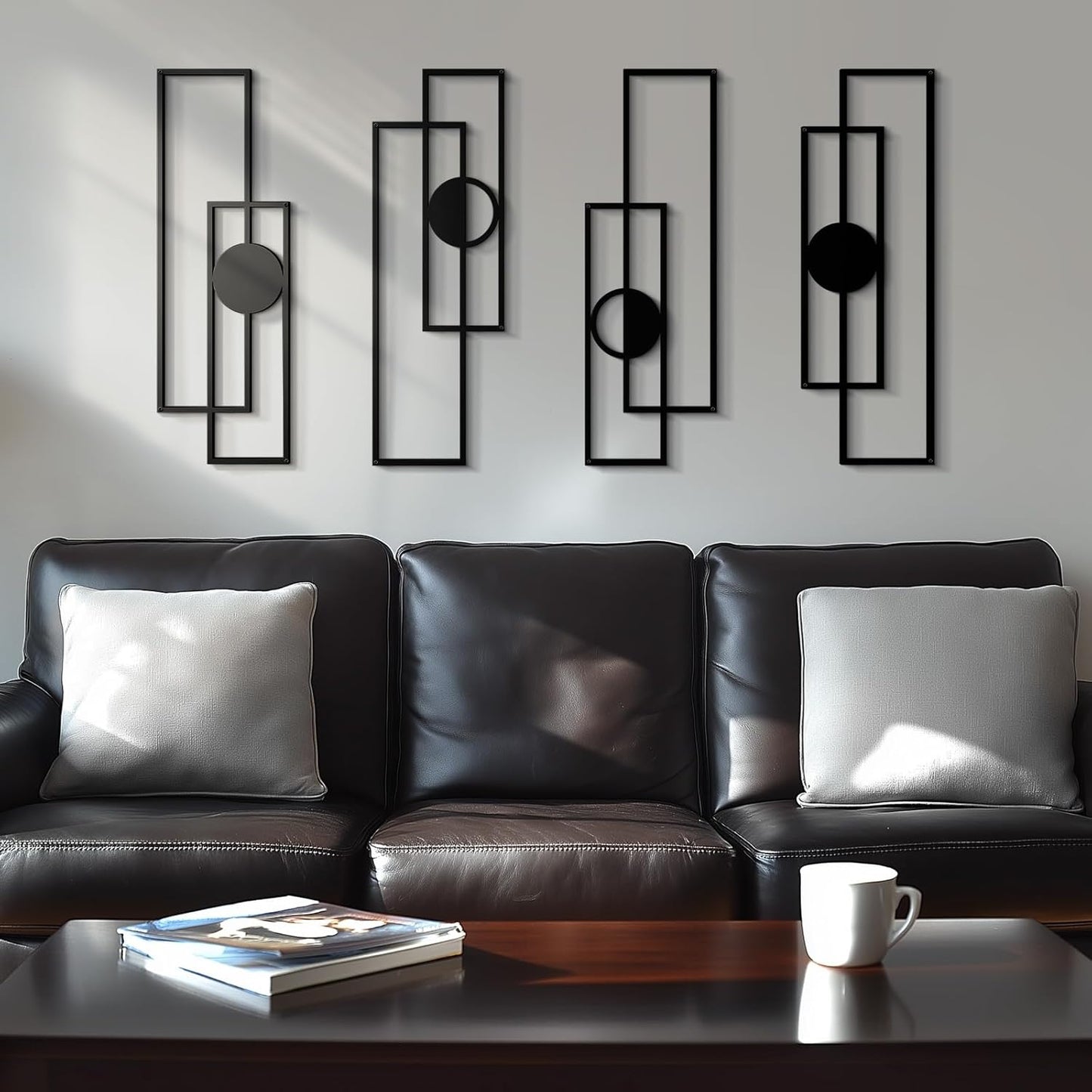 Abstract Black Metal Wall Art Set of 4, Large Modern Geometric Wall Decor with 3D Layered Design, Minimalist Wall Sculptures for Living Room, Bedroom, Bathroom, Kitchen, Hallway