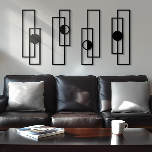Abstract Black Metal Wall Art Set of 4, Large Modern Geometric Wall Decor with 3D Layered Design, Minimalist Wall Sculptures for Living Room, Bedroom, Bathroom, Kitchen, Hallway