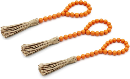 CVHOMEDECO. Wood Beads Garland with Tassels 3 PCS Farmhouse Rustic Wooden Prayer Bead String Wall Hanging Accent for Home Festival Decor. Natural