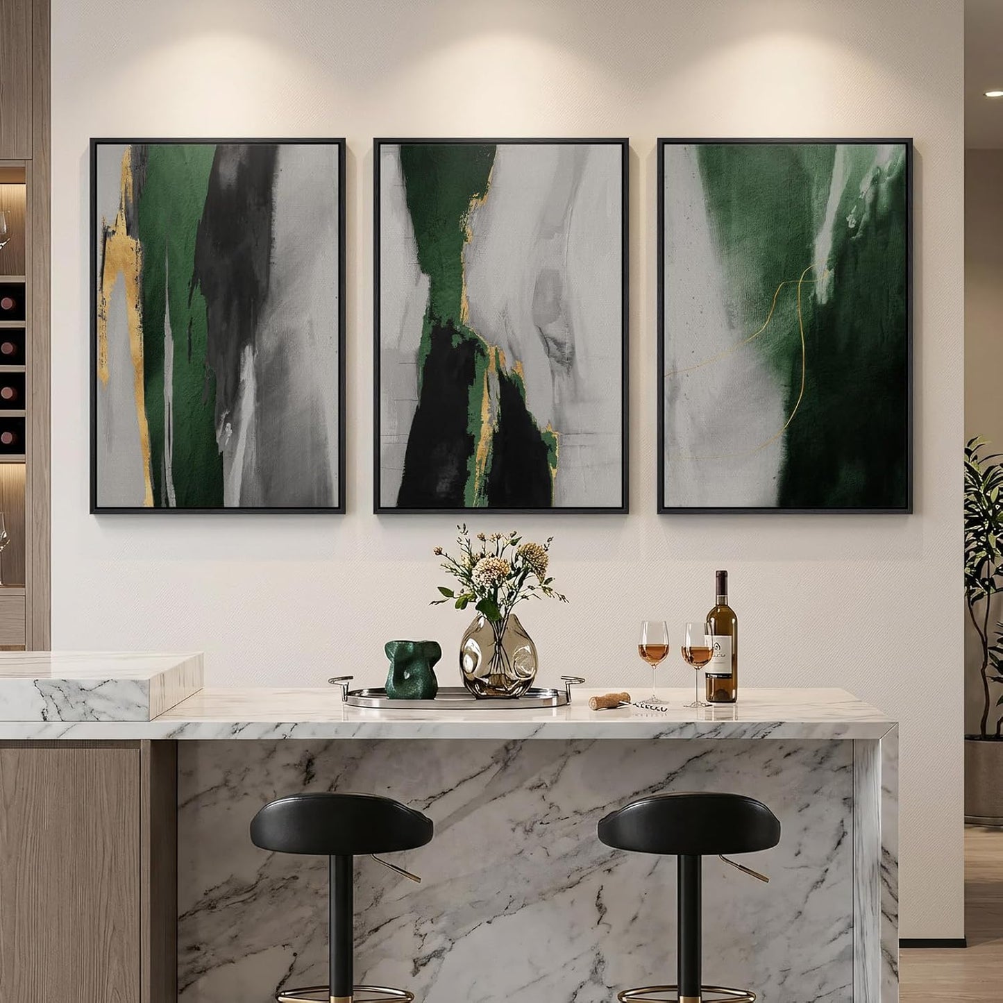 Large Framed Abstract Nature Landscape Wall Art for Living Room, Set of 3 Modern Canvas Prints Paintings Artwork for Walls, Green Lake Pictures for Hallway, Dining Room, Office Wall Decor 24x36 Inch