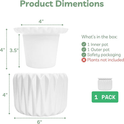 6 Inch African Violet Pots Self Watering, Ceramic Planter with Water Reservoir and Fill Lines, 4 Inch Opening, Indoor Flower Pot, Holds 3 Weeks of Water (2 Pack White)