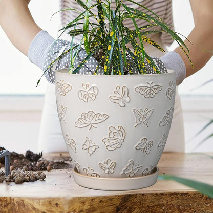 10 Inch Ceramic Planter Pot Round Plant Pot for Indoor Plants Outdoor Large Flower Pot with Drainage Hole and Saucer Blue