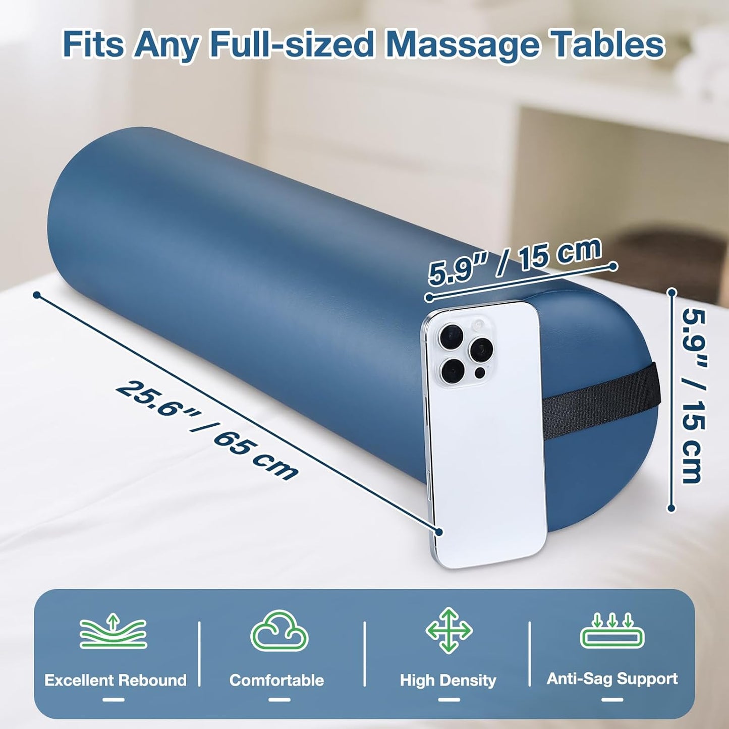 Noverlife 3/4 Round Massage Table Bolster Pillow with Strap Handle, 26 x 6 x 6 in PU Leather Massage Bolster for Under Legs, Cozy Positioning Support Pad for Knee Neck Back Pain Relief - Black