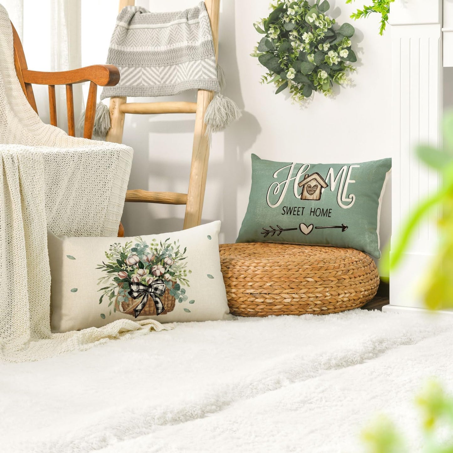 AVOIN colorlife Bless Our Home Farmhouse Eucalyptus Leaves Throw Pillow Covers, 18 x 18 Inch Truck Home Sweet Home Cushion Case Decorations Set of 4
