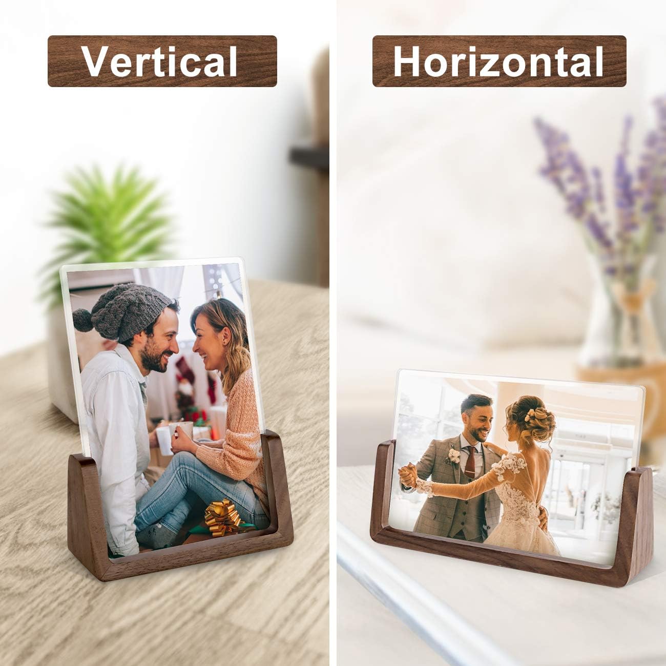 Mixoo 4x6 Picture Frame 2 Pack - Rustic Wooden Picture Frames with Walnut Wood Base and High Definition Break Free Acrylic Photo Covers for Desk Tabletop Display Graduation Gifts Teacher Appreciation Gifts (Horizontal + Vertical)