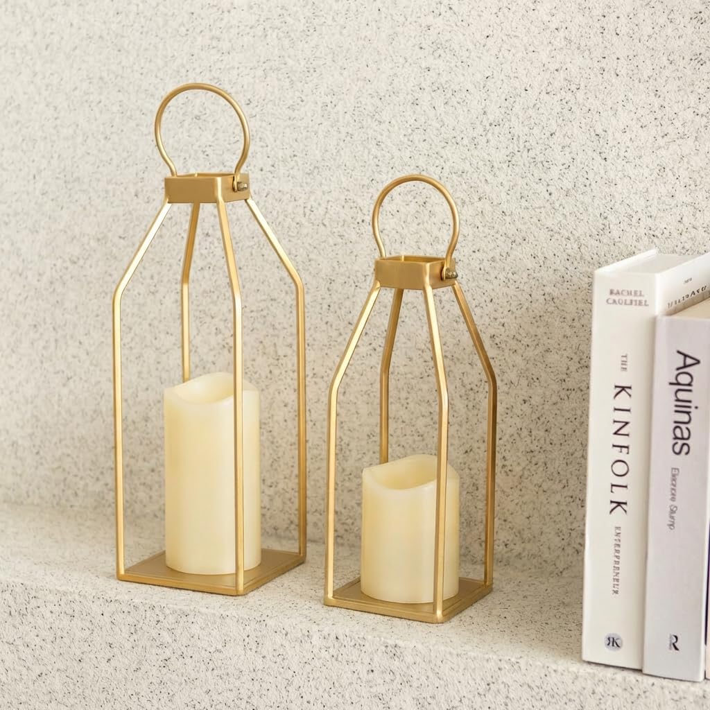 Perfnique Modern Farmhouse Lantern Decor, 15'' 13'' Set of 2 Black Metal Lantern, 2 LED 6hr Timer Flameless Candles ＆ Remote Timer, Lanterns Decorative for Outdoor, Home, Indoor, Patio, Christmas