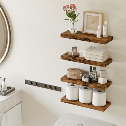 Fixwal Black Floating Shelves for Wall, Rustic Wood Shelves for Bathroom, Living Room, Bedroom and Kitchen, Wall Shelves for Storage, Books, Room Decor (Set of 4, 15.8 Inch)