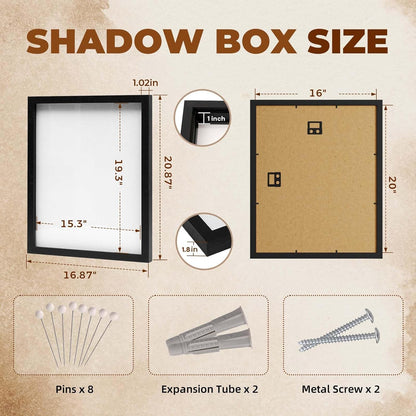 Muzilife 8x8 Shadow Box Picture Frame with Linen Board - Deep Wood & Glass Display Case Ready to Hang Memory Box Baby Sports Memorabilia, Pins, Awards, Medals, Wedding, Tickets and Photos (Black)