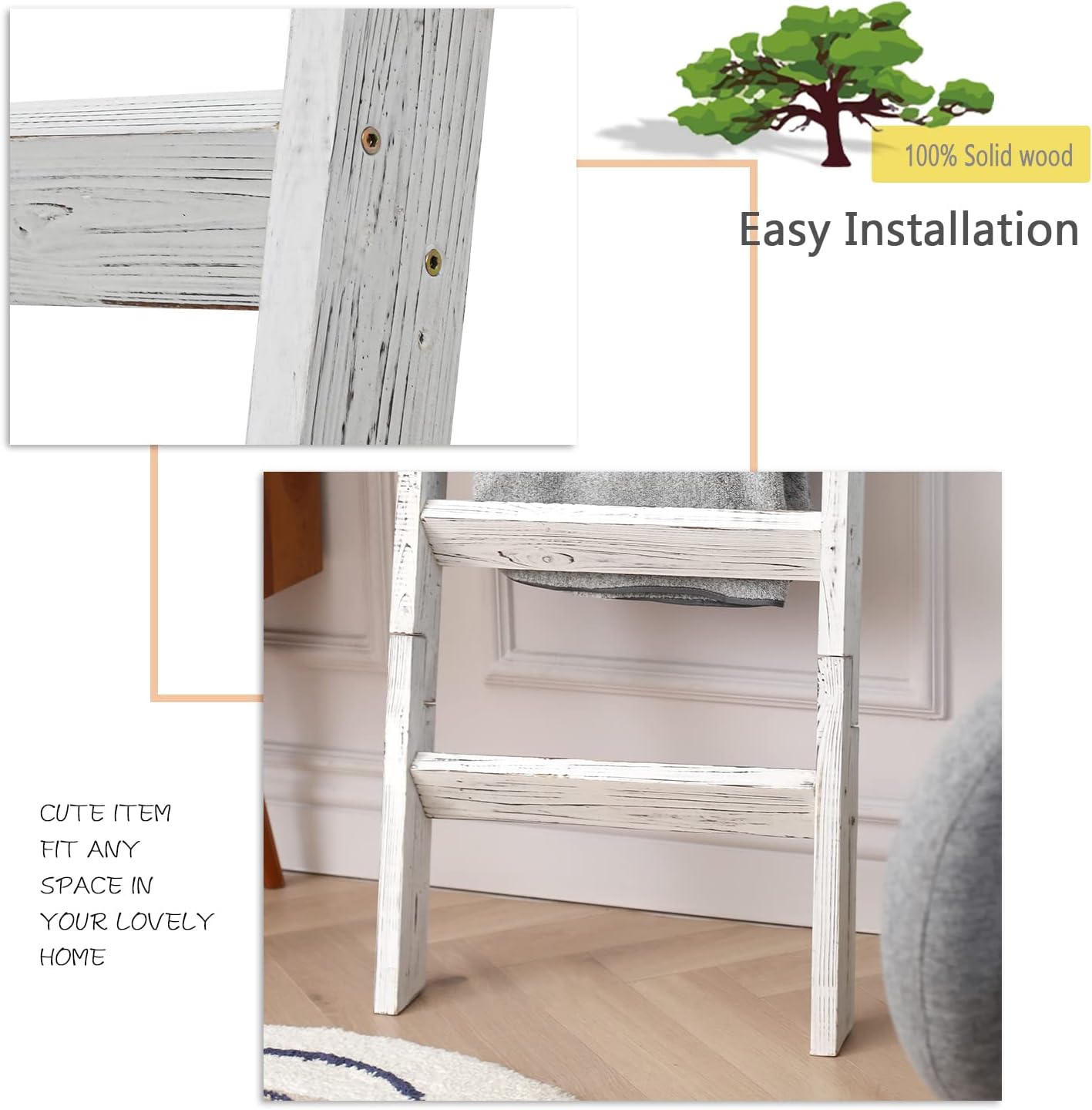 FUIN 5ft (58") Wood Blanket Ladder Living Room Decorative Wall Leaning Farmhouse Quilt Display Holder Storage Rustic Wooden Towel Rack for Bathroom, Brown