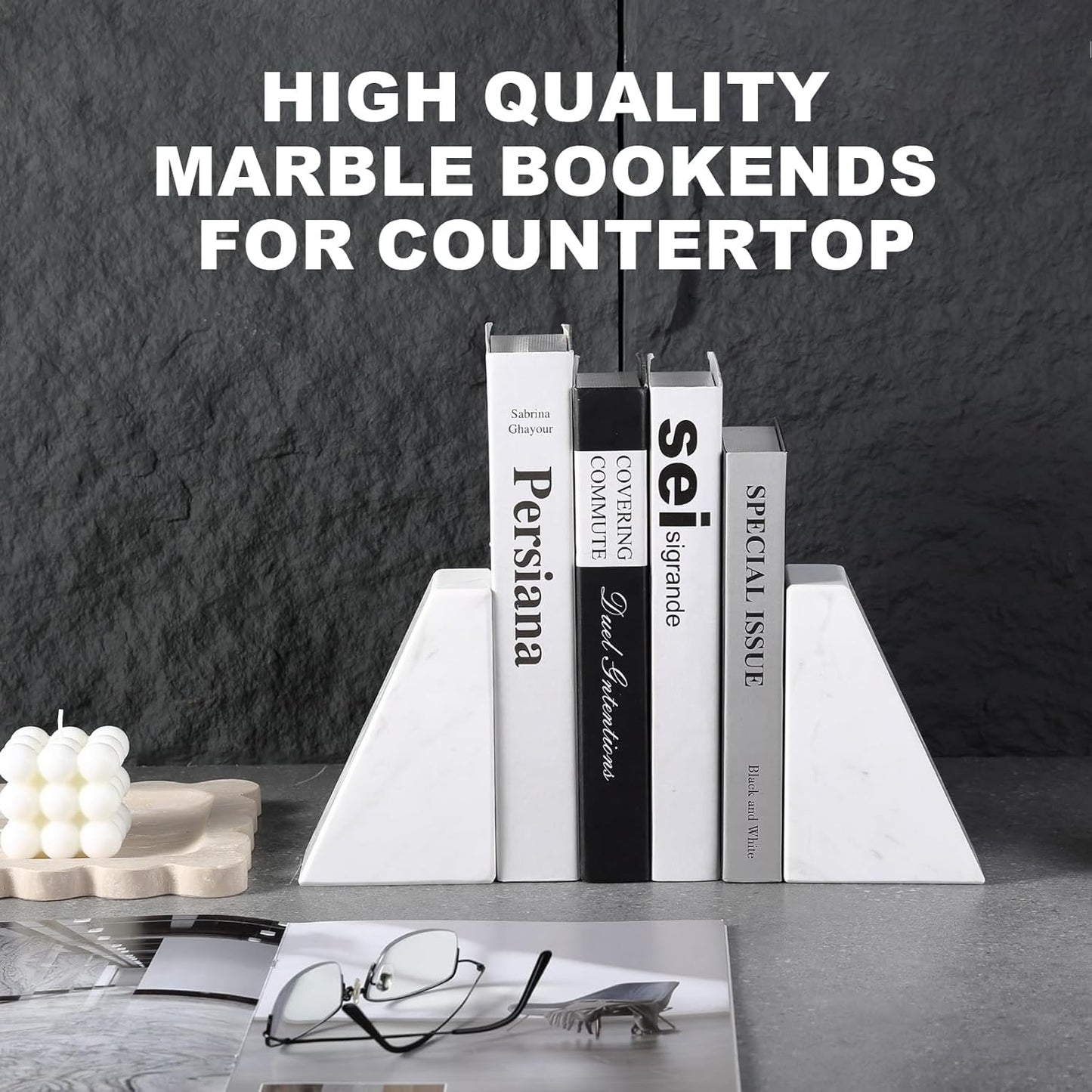 Karibiber Travertine Bookends for Heavy Books, Marble Decorative Bookends for Shelves, Heavy-Duty Stone Book Ends for Hardback Book & Cookbooks, Unique Book Stopper & Holder, Travertino Italy