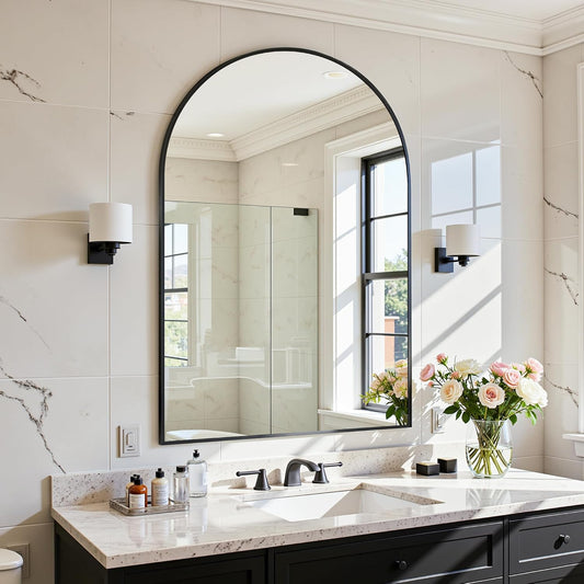 Antok Arched Bathroom Mirror, 20"x30" Wall Mounted Mirror, Vanity Mirrors for Over Sink, Aluminum Alloy Frame Bathroom Mirrors Living Room, Bedroom and Entryway, Black