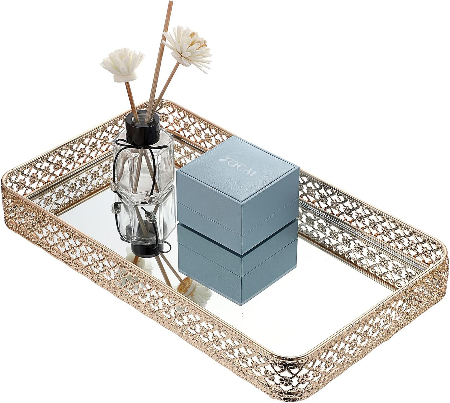 ELLDOO Perfume & Makeup Vanity Tray - Hollow-Carved Jewelry Storage, Glass & Metal Trinket Organizer for Dresser & Bathroom Countertop, Gold, Medium Size