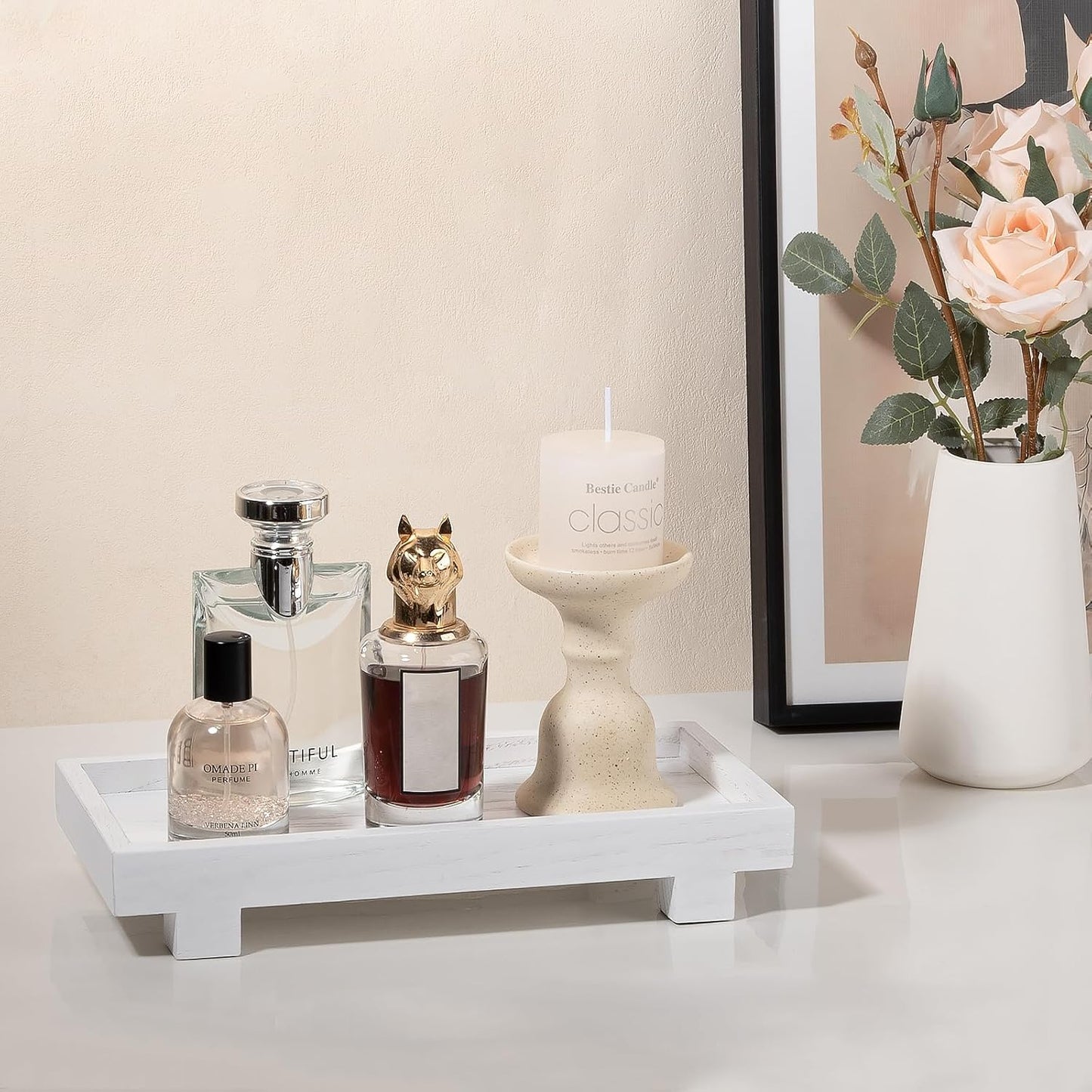 Decorative Tray Small Pedestal Stand Farmhouse Bathroom Decor Wooden Riser Display Stand for Vanity, Kitchen Countertop, Sink, 9.4 * 4.7 White