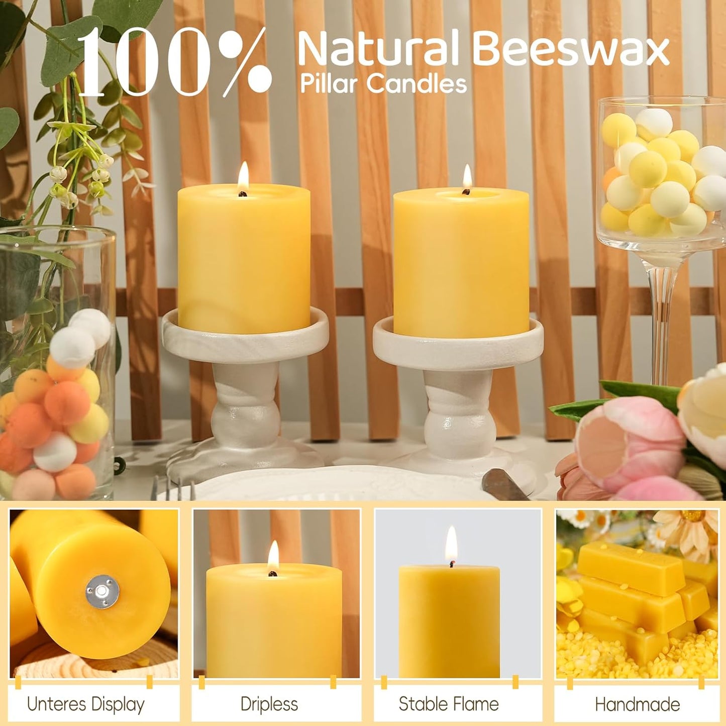 6 Pack Natural Beeswax Pillar Candles,100% Pure Beeswax Candles-210 Hours Long Burning,Organic Bees Wax Candles for Home,Emergency,Prayer,Parties,Unscented Dripless Smokeless Beeswax Candle Bulk 2x4in