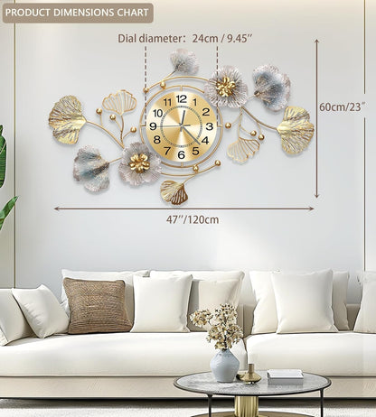 Clocks for Living Room, Large Wall Clock, 3D Silent Wall Clock, Retro Metal Ginkgo Leaf Design, for Bedroom Kitchen Decorative Wall Clocks（32''x18'' ）