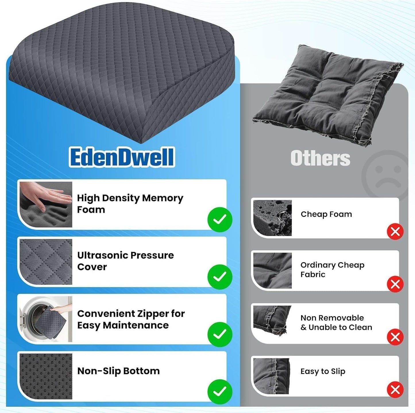 Seat Cushion, Memory Foam Chair Pad for Sciatica & Hip Pain Relief, Non-Slip Cushion for Office, Home, Car, Large Desk Chair Cushion, Washable Cover & Handle, Large, Black
