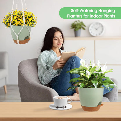 Vanslogreen Hanging Planters for Indoor Outdoor Plants, 2 Pack Self Watering Hanging Pot with Drainage Holes & Removable Tray (Black, 8'')