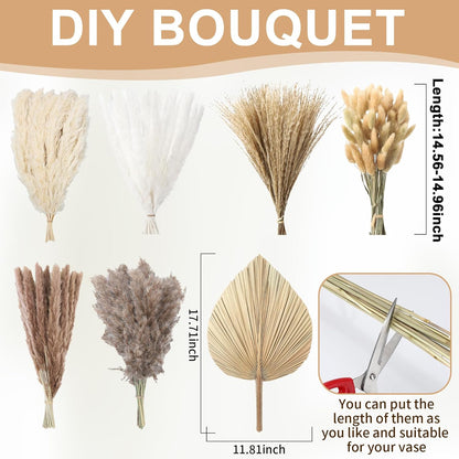 105 Pcs Boho Dried Pampas Grass Decor Bulk, Large Dried Palm Spears Bunny Tails Pampas Reed Grass Dried Palm Leaves Dried Flower Bouquet Boho Centerpieces for Wedding Home Tables Decor