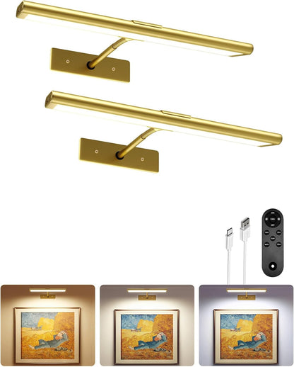 EZVALO Picture Light for Wall, 4800mAh Rechargeable Wireless Remote, 16in Dimmable Magnetic LED Art Display Light with 3 Color Temperatures, for Gallery, Living Room, Bedroom, Hallway (Gold)